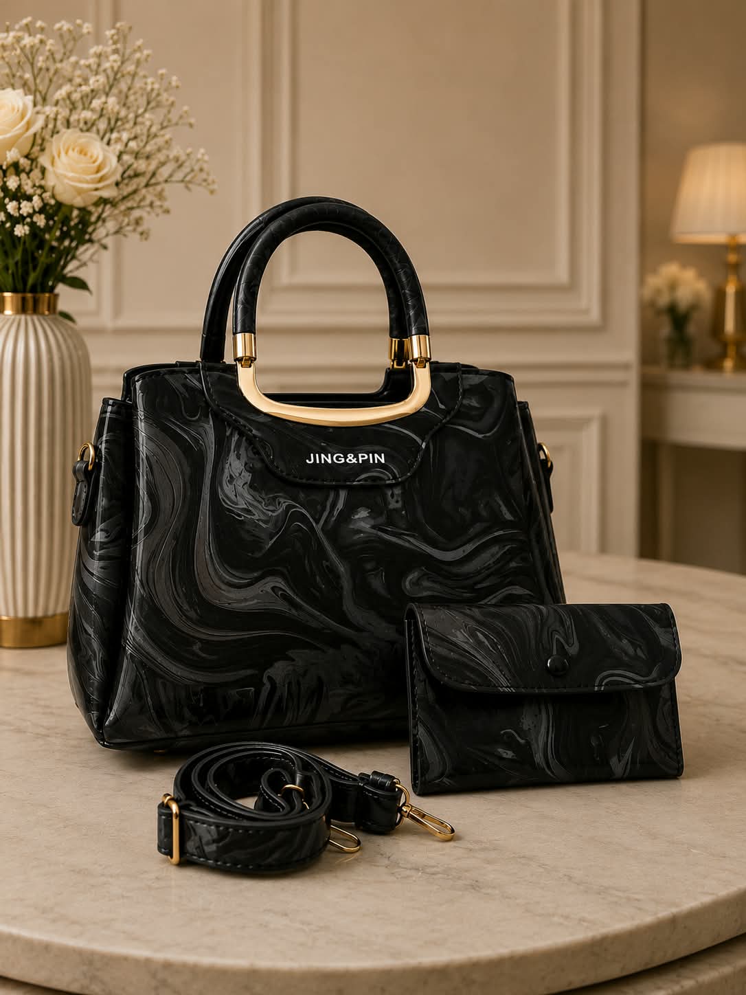2Pc Premium Handbag Set - Tan Camel Brown Marble Texture Gold Arch Handles with Matching Wallet