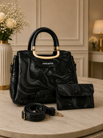 2Pc Premium Handbag Set - Tan Camel Brown Marble Texture Gold Arch Handles with Matching Wallet