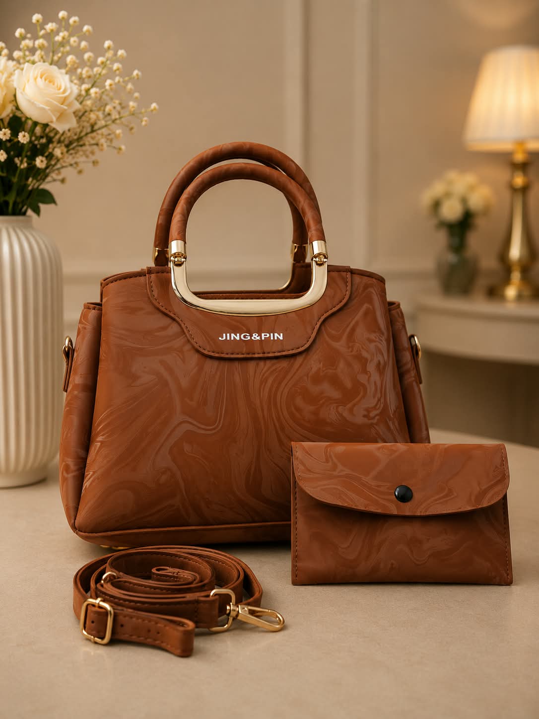 2Pc Premium Handbag Set - Dusty Mauve Lilac Marble Texture Gold Arch Handles with Matching Wallet