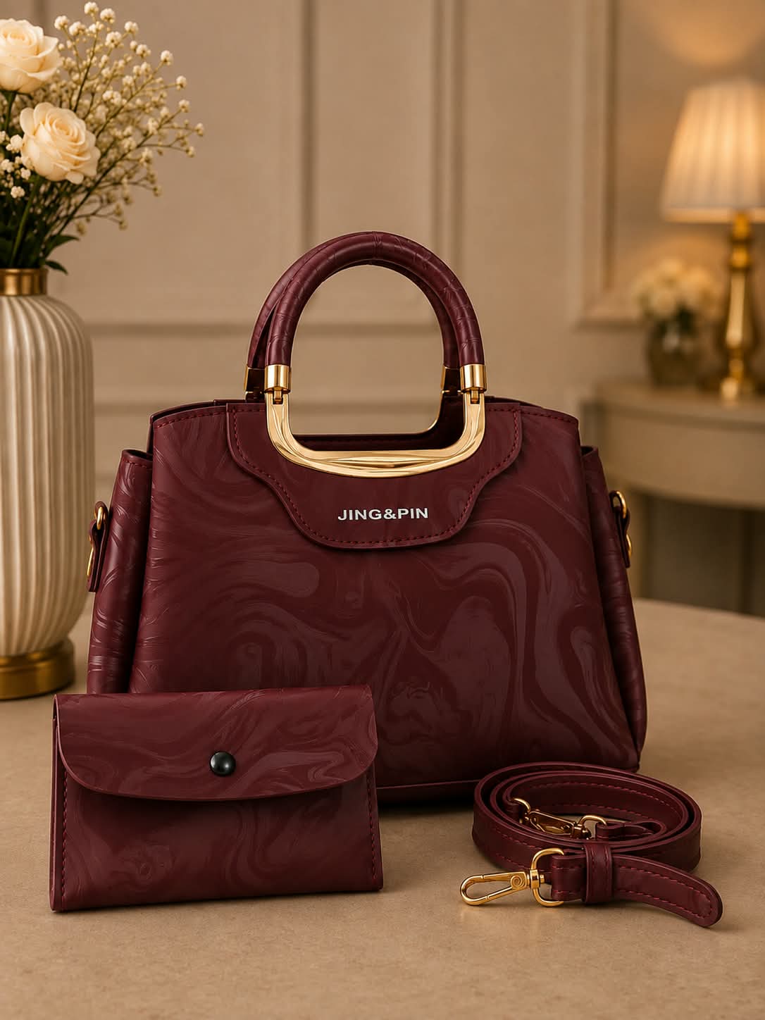 2Pc Premium Handbag Set - Dark Chocolate Brown Marble Texture Gold Arch Handles with Matching Wallet