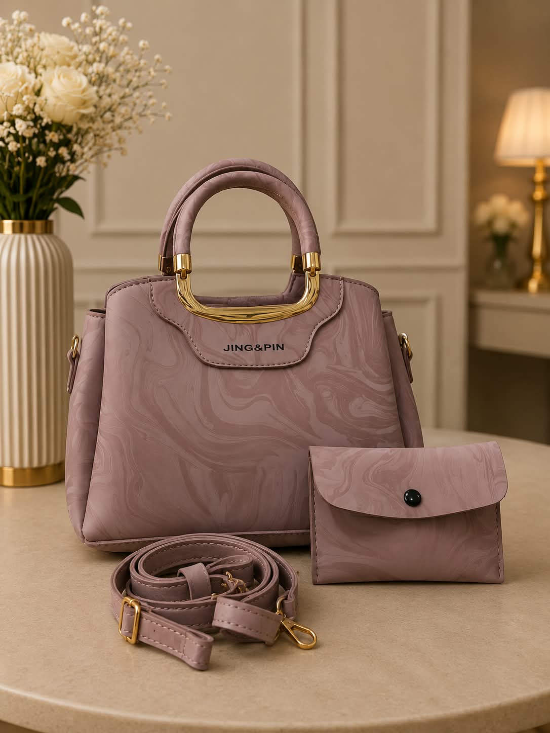 2Pc Premium Handbag Set - Sage Green Olive Marble Texture Gold Arch Handles with Matching Wallet
