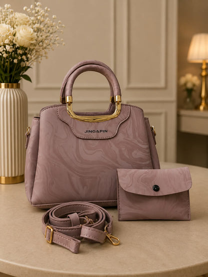 2Pc Premium Handbag Set - Sage Green Olive Marble Texture Gold Arch Handles with Matching Wallet