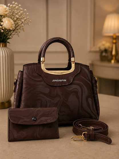 2Pc Premium Handbag Set - Jet Black Marble Texture Gold Arch Handles with Matching Wallet