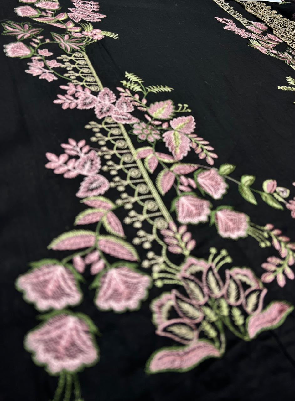 3Pc Fancy Lawn Suit - Black Embroidered Front Flat Lay Close Up