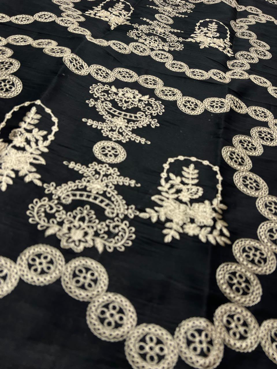 3Pc Fancy Lawn Suit - Black All Pieces Flat Lay with Labels