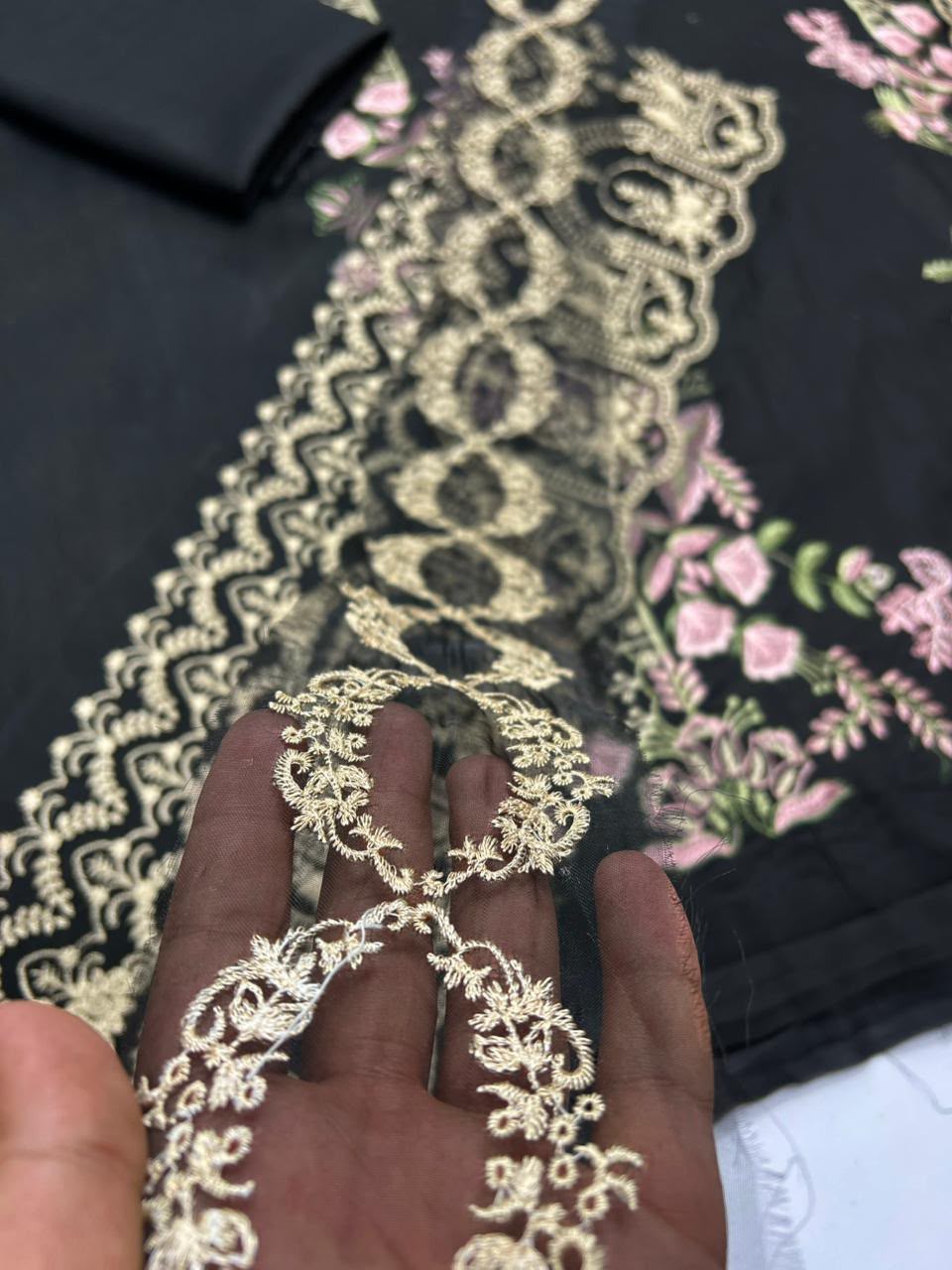 3Pc Fancy Lawn Suit - Black Model Full Length Front View