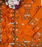 Kaftan Style Embroidered Shamoz Silk Suit - Flat Lay All Pieces with Labels Orange
