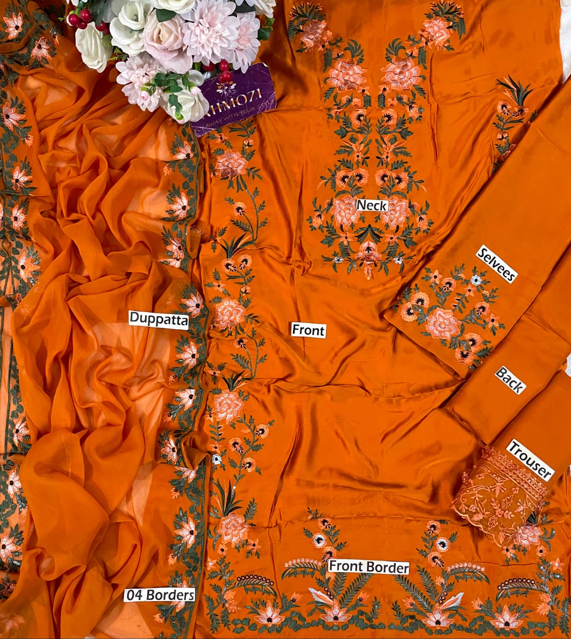Kaftan Style Embroidered Shamoz Silk Suit - Flat Lay All Pieces with Labels Orange