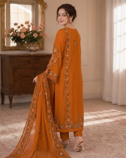 Kaftan Style Embroidered Shamoz Silk Suit - Model Back View with Dupatta