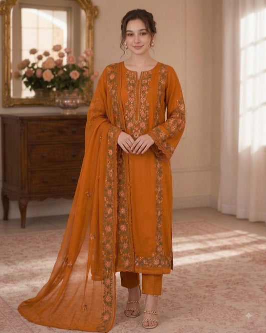Kaftan Style Embroidered Shamoz Silk Suit - Model Front View Full Length