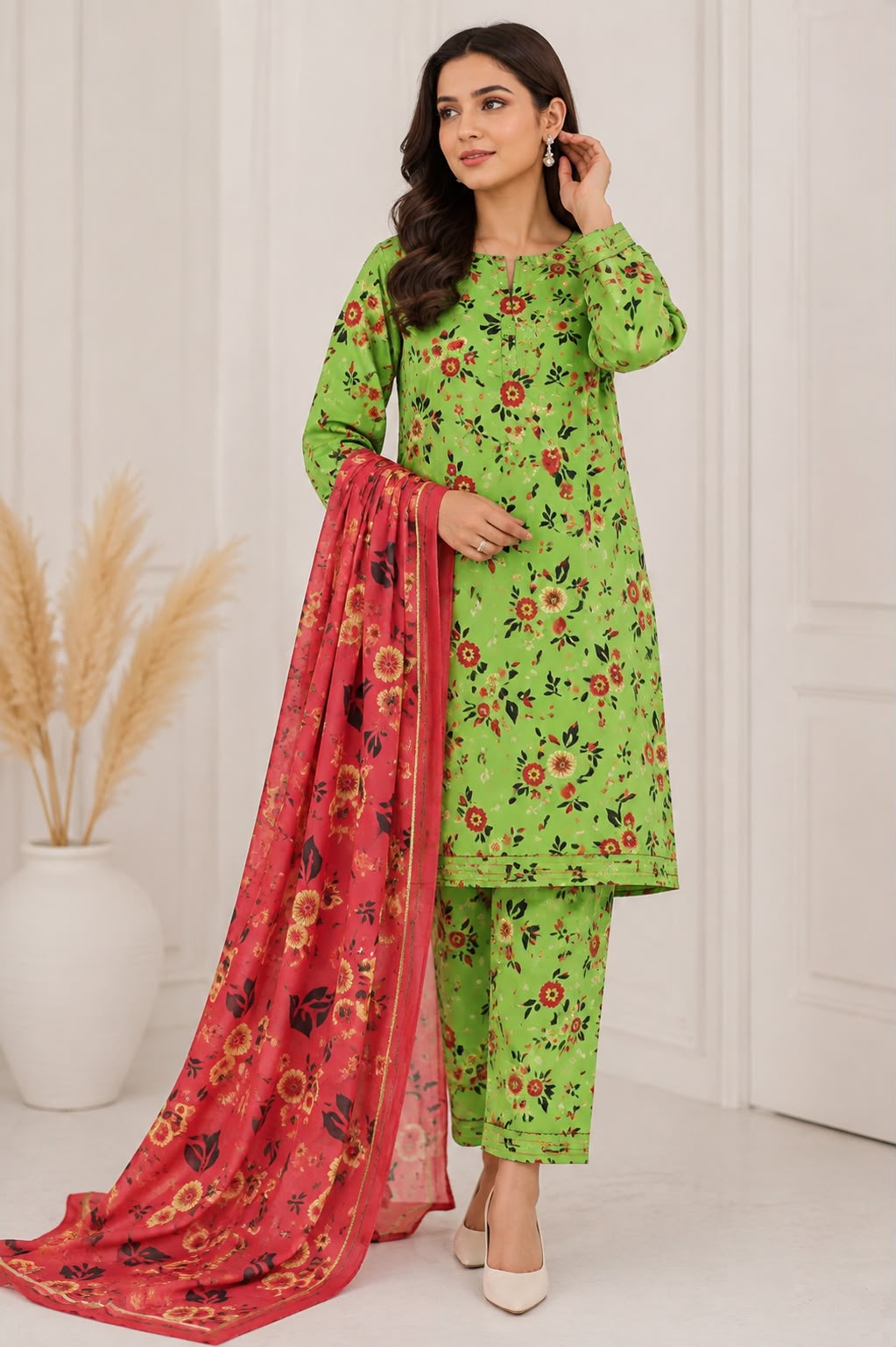 3Pc Digital Print Lawn Suit - Red Floral on Cream Flat Lay with Box