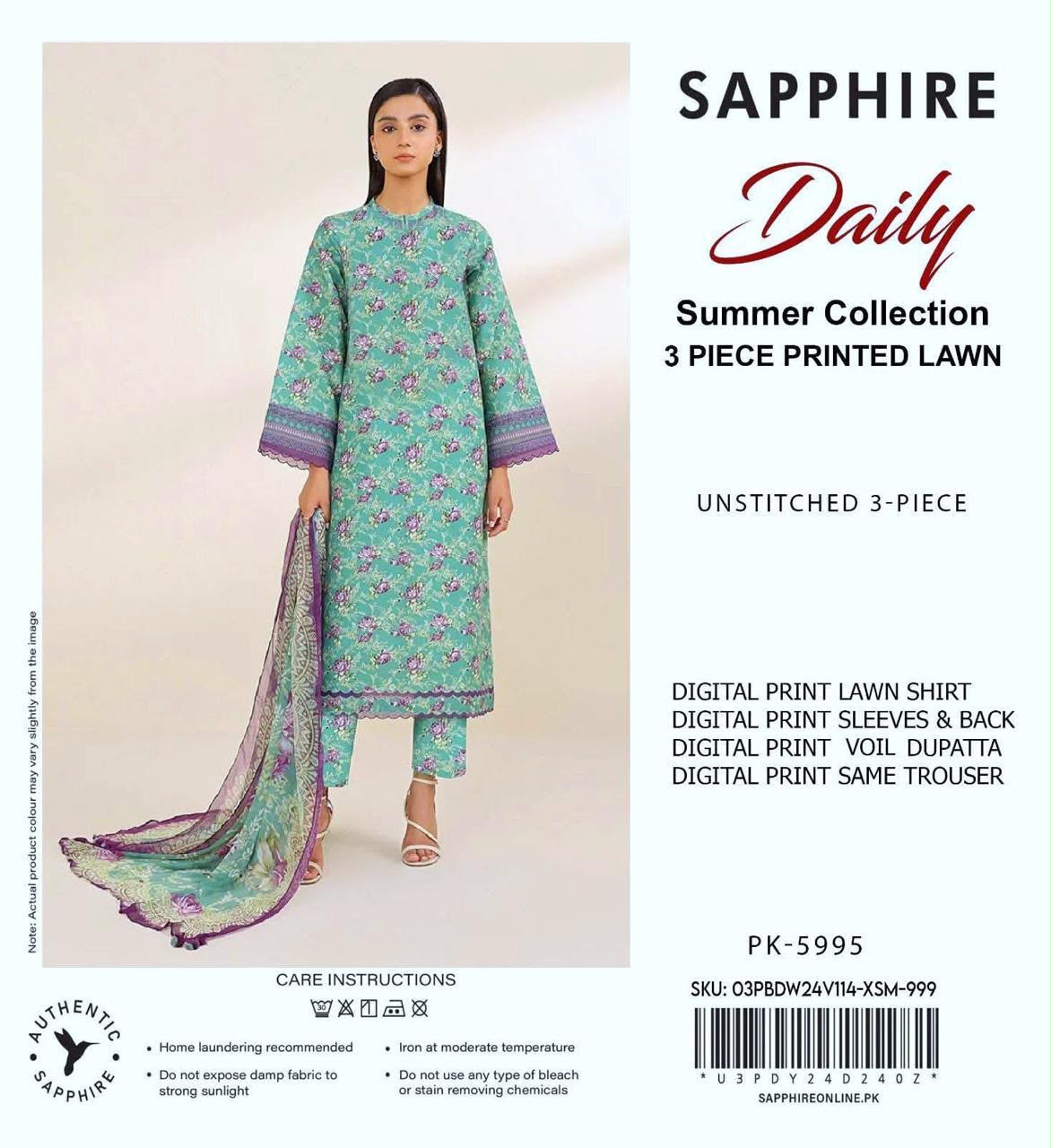 3Pc Premium Digital Print Lawn Unstitched Suit – Shirt + Voil Dupatta + Trouser