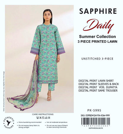 3Pc Premium Digital Print Lawn Unstitched Suit – Shirt + Voil Dupatta + Trouser