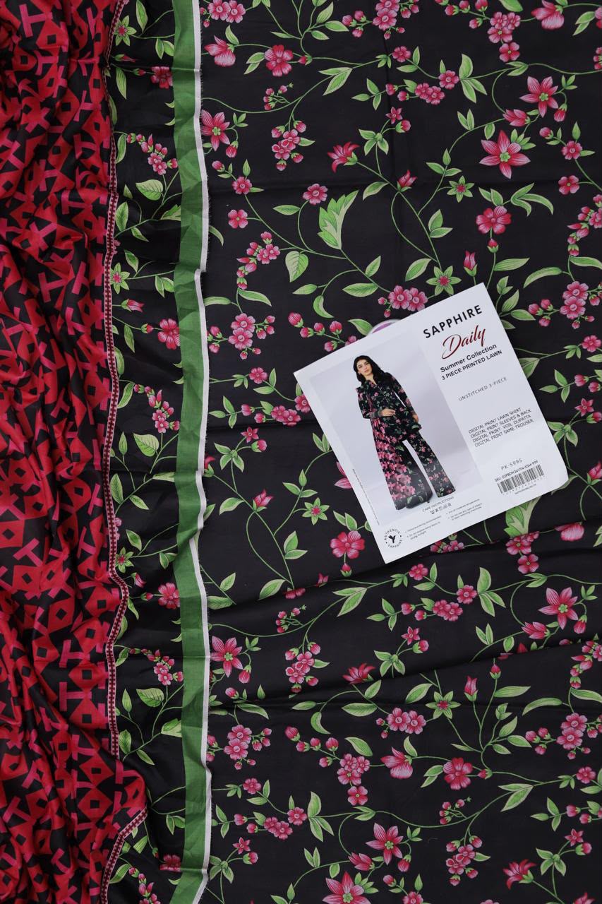 3Pc Premium Digital Print Lawn Unstitched Suit – Shirt + Voil Dupatta + Trouser