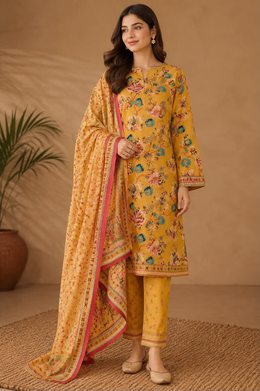 3Pc Digital Print Lawn Suit - Red Paisley on Red Flat Lay with Box