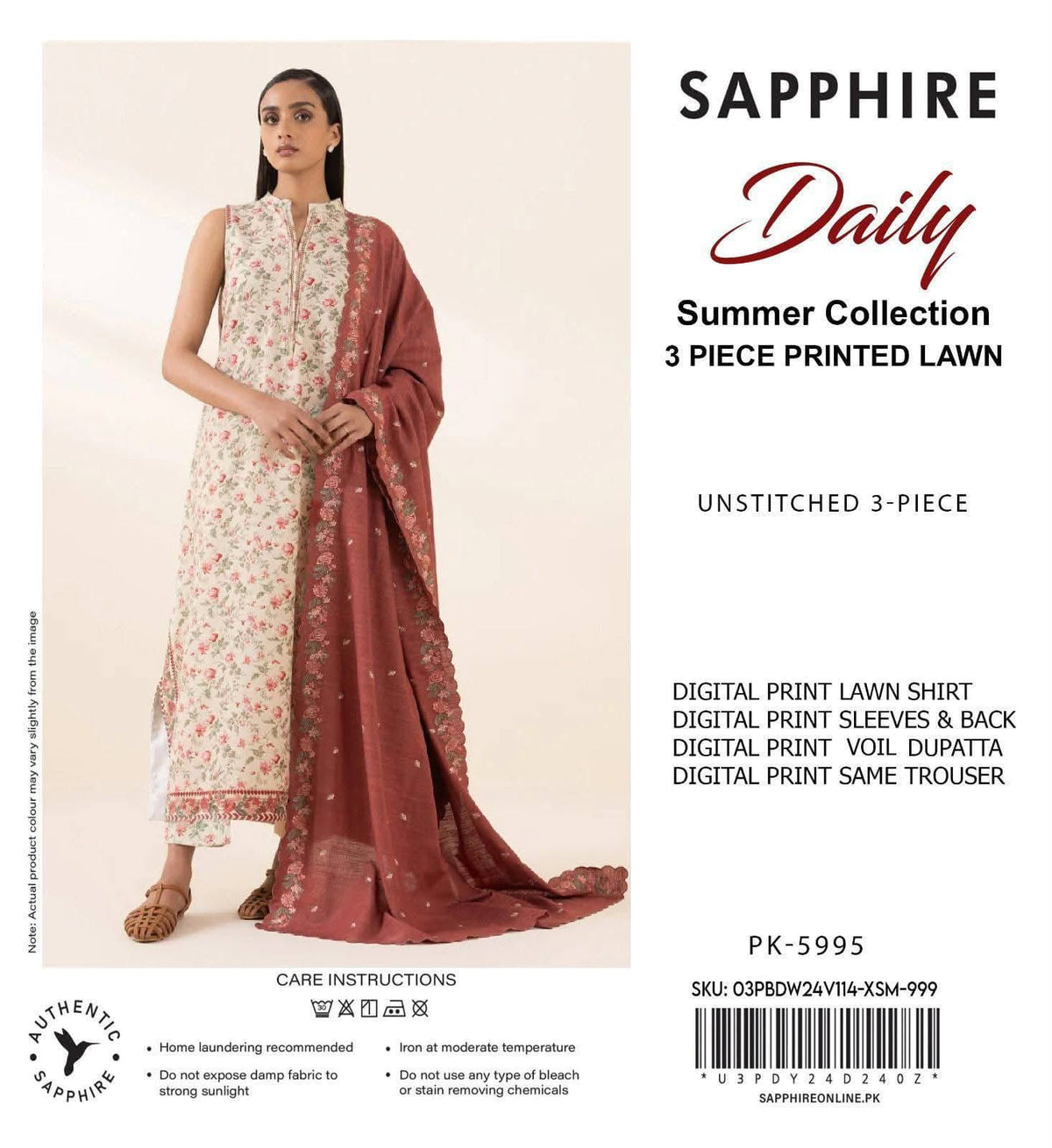 3Pc Digital Print Lawn Suit - Red Floral Cream Fabric Close Up