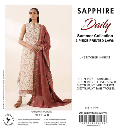 3Pc Digital Print Lawn Suit - Red Floral Cream Fabric Close Up