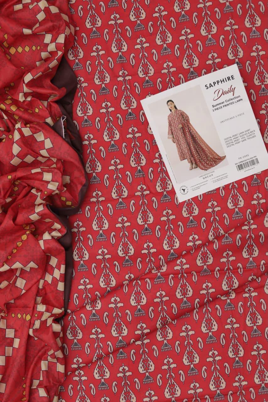 3Pc Digital Print Lawn Suit - Red Paisley Fabric Close Up