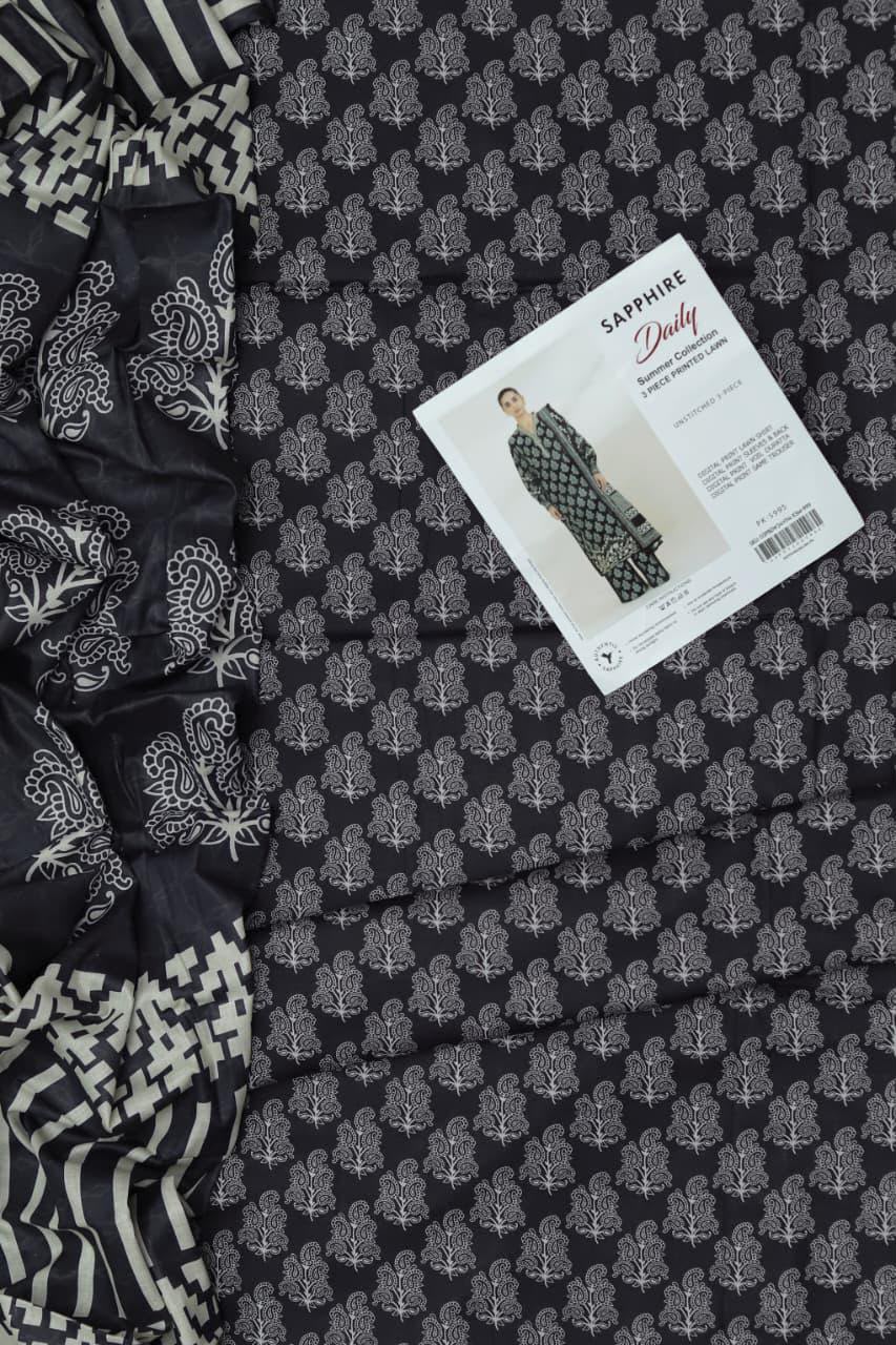 3Pc Digital Print Lawn Suit - Black Floral Fabric Close Up