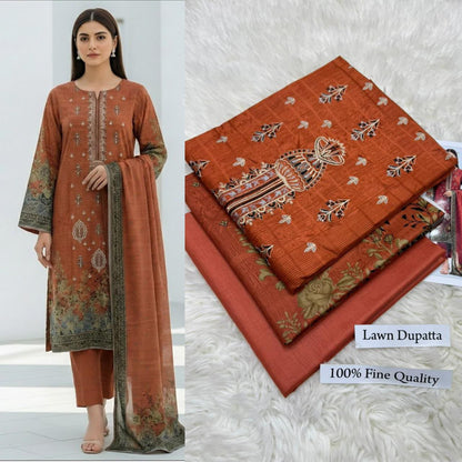 Coral Red Floral Printed Lawn Suit with White Dupatta