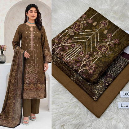Brick Red Gold Embroidered Lawn Suit with Lawn Dupatta