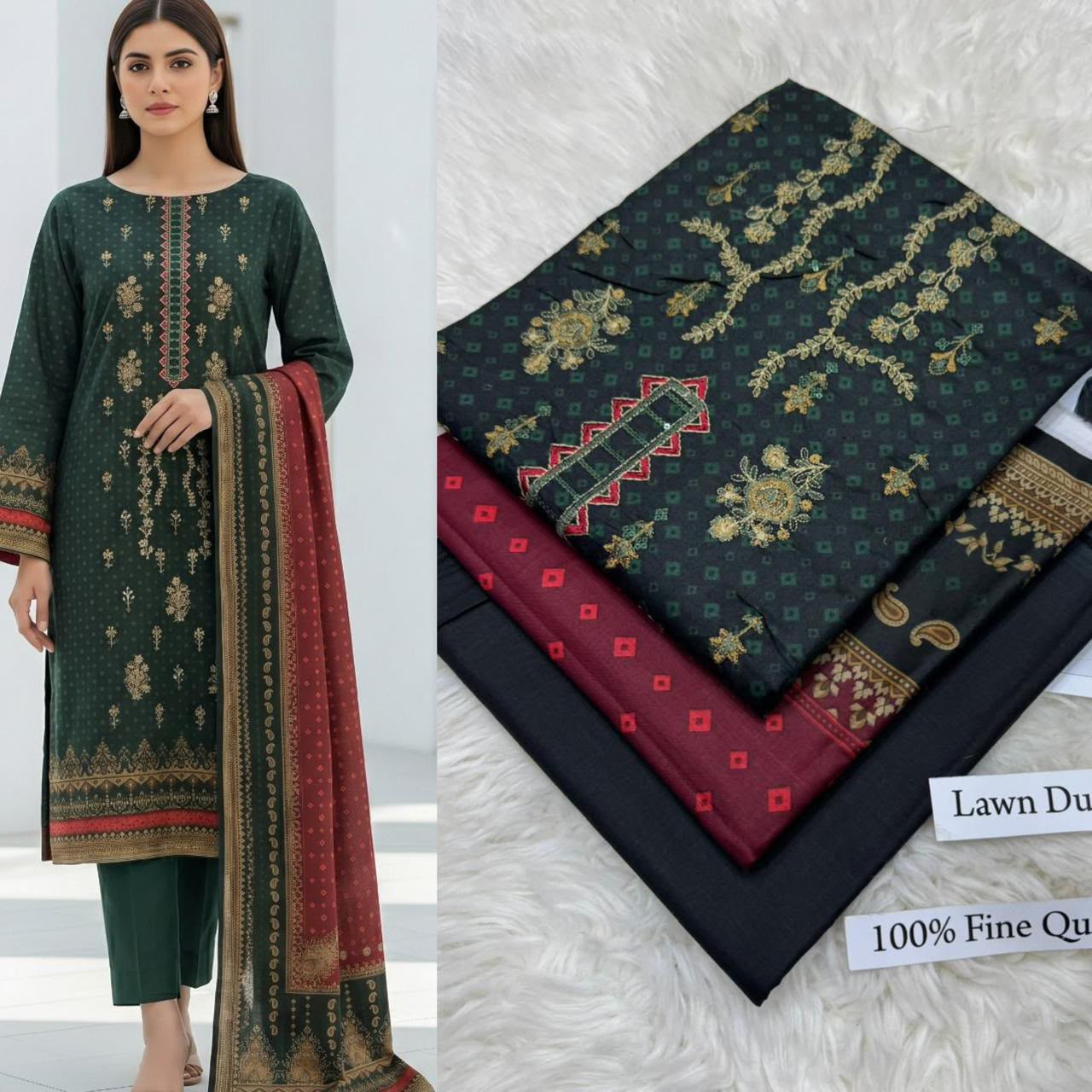 Deep Red White Embroidered Lawn Suit with Lawn Dupatta