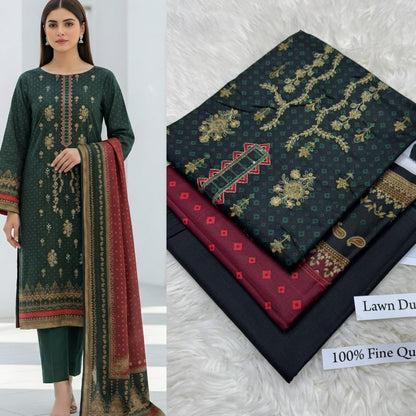 Deep Red White Embroidered Lawn Suit with Lawn Dupatta