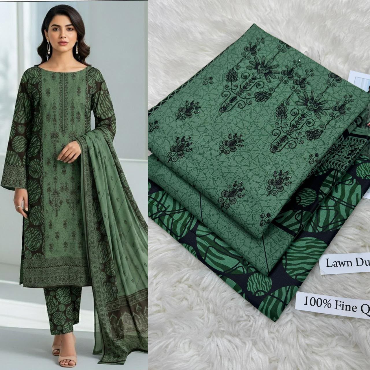 Olive Green Multicolor Embroidered Lawn Suit with Dupatta