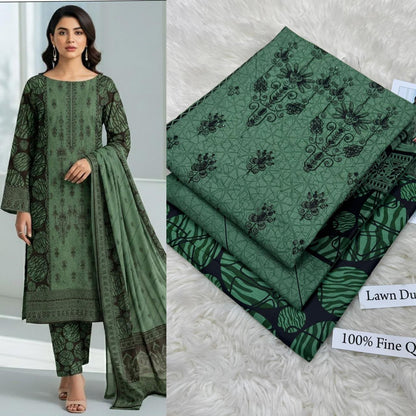 Olive Green Multicolor Embroidered Lawn Suit with Dupatta