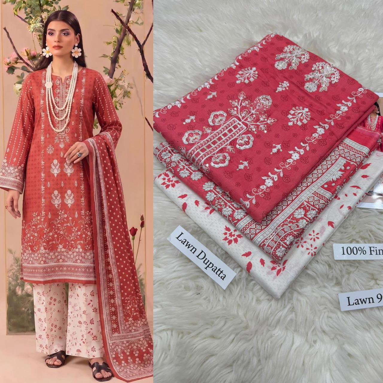 Teal Purple Floral Embroidered Lawn Suit with Lawn Dupatta