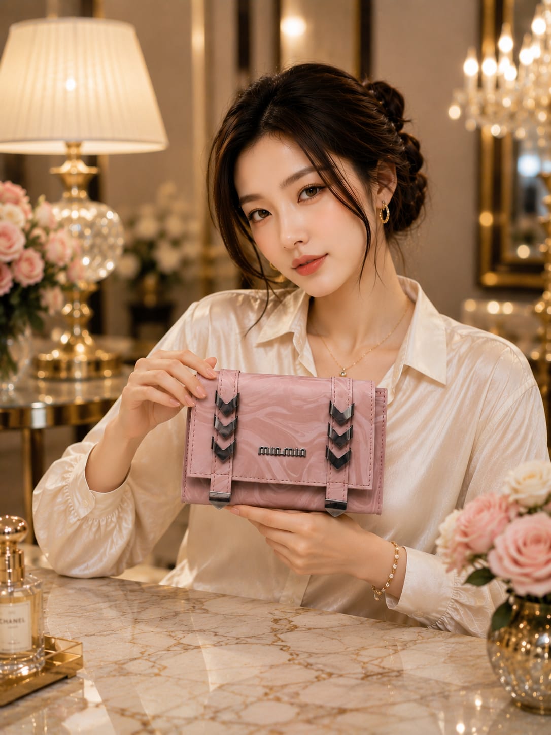 Premium Marble Clutch Bag - Beige Cream Model Shot with Silver Chevron Hardware