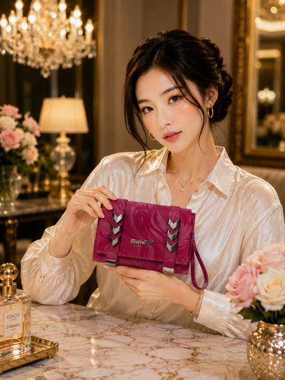 Premium Marble Clutch Bag - Rust Burnt Orange Model Shot with Silver Chevron Hardware