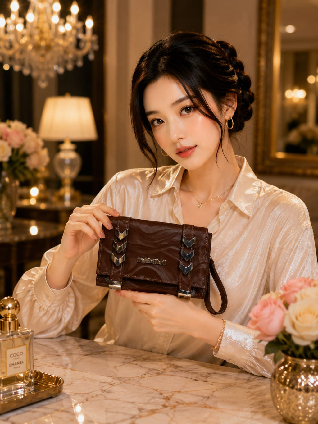 Premium Marble Clutch Bag - Mint Green Model Shot with Silver Chevron Hardware