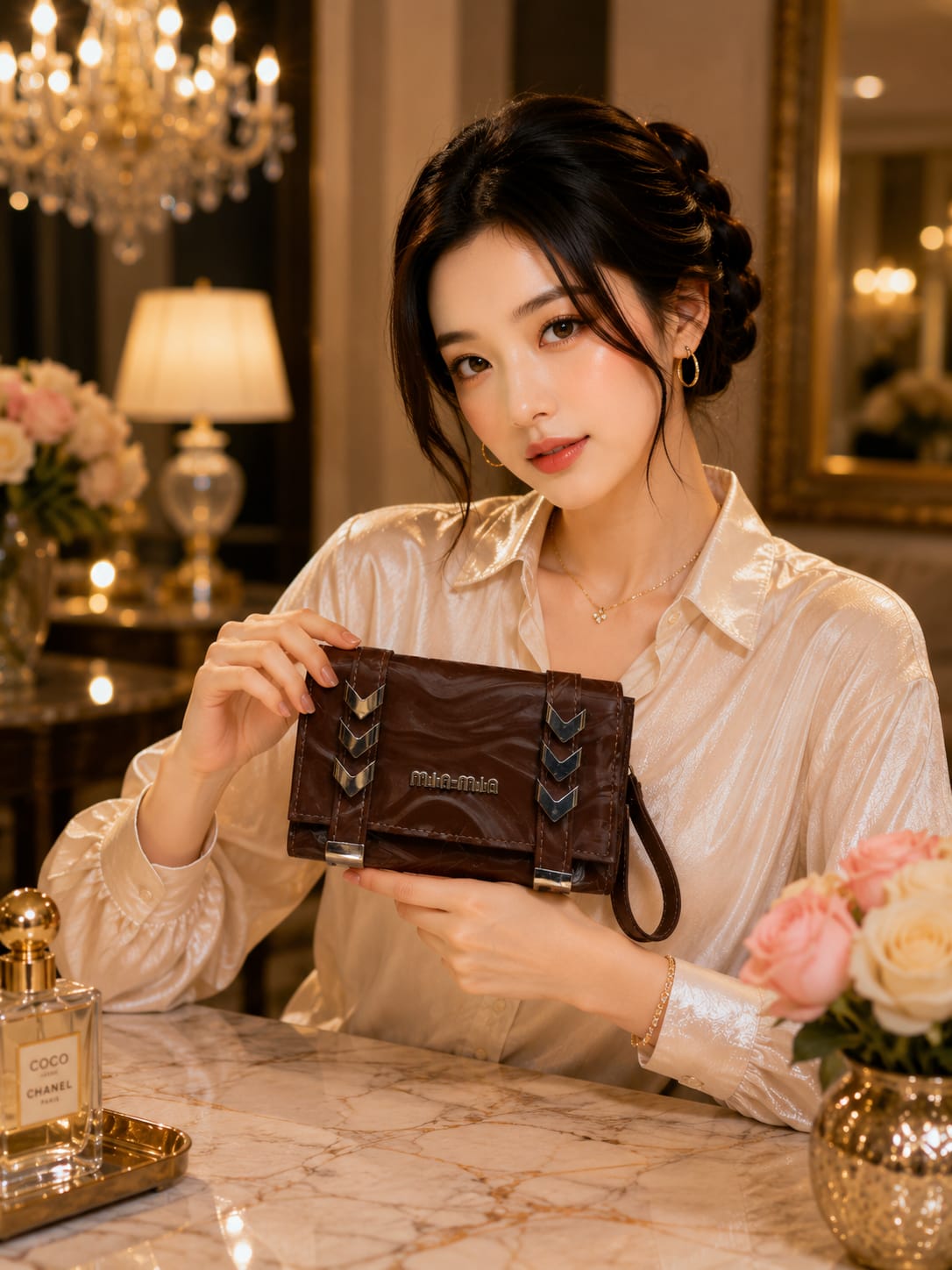 Premium Marble Clutch Bag - Mint Green Model Shot with Silver Chevron Hardware