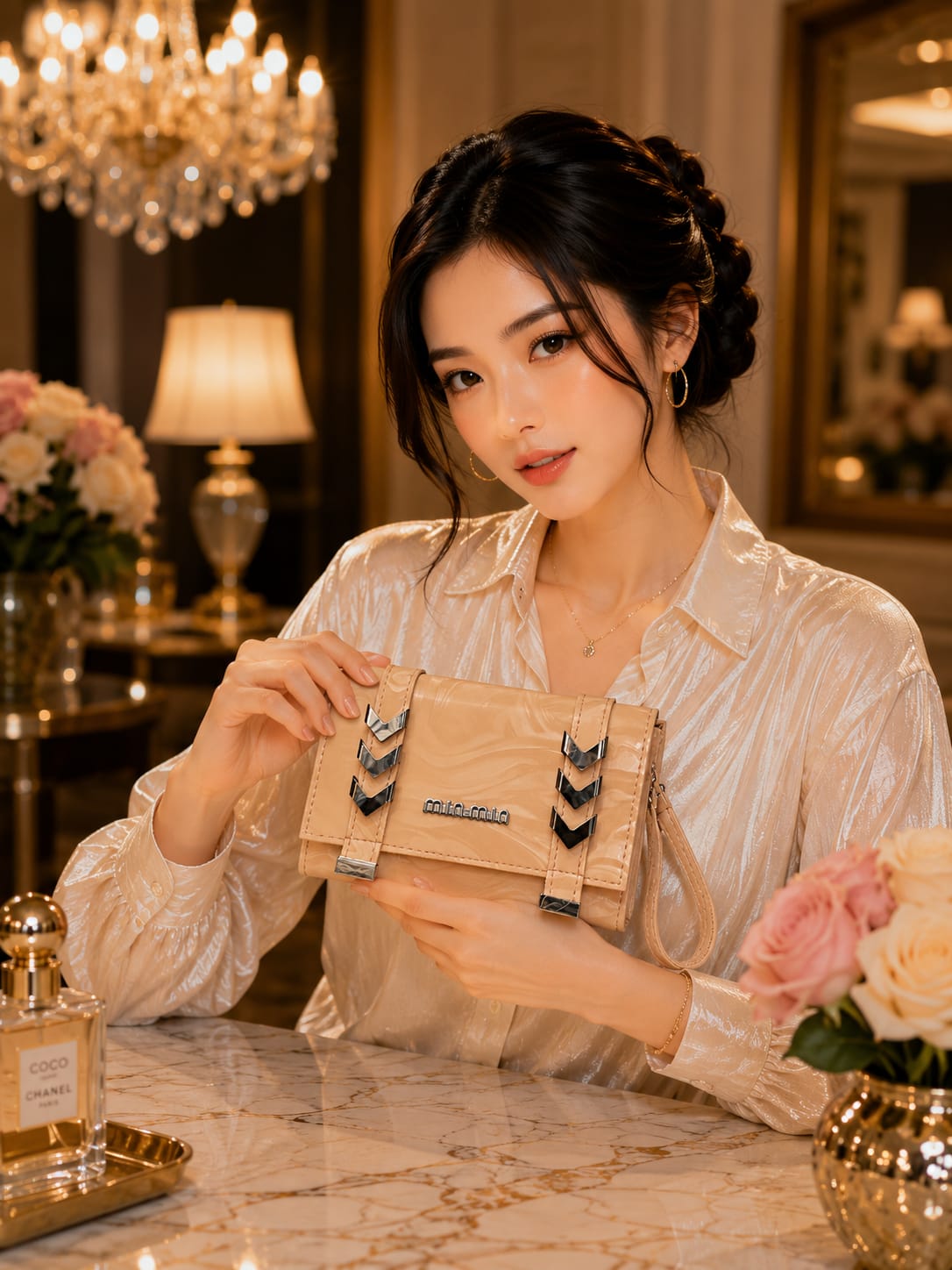 Premium Marble Clutch Bag - Chocolate Brown Flat Lay with Gift Box