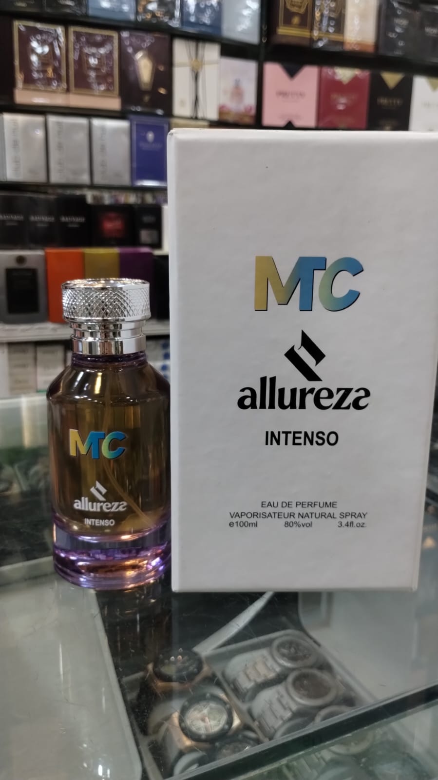 MTC Allureza Intenso perfume bottle with white box in store display