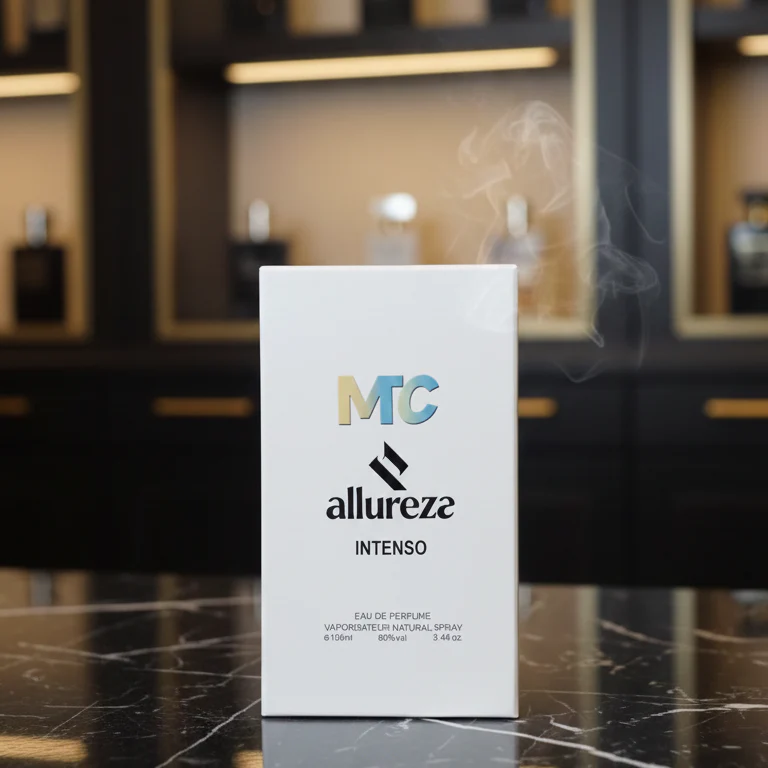 MTC Allureza Intenso amber bottle on wooden bathroom counter