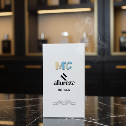 MTC Allureza Intenso amber bottle on wooden bathroom counter