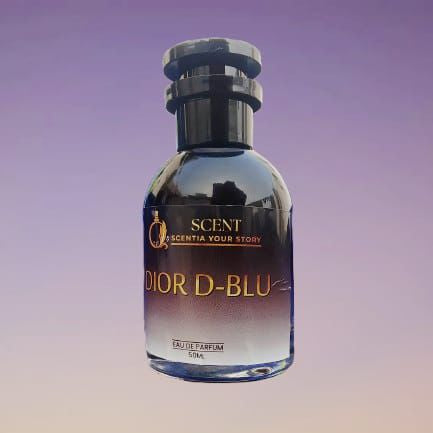 Scent Dior D-Blu dark glass bottle with gold label on purple background