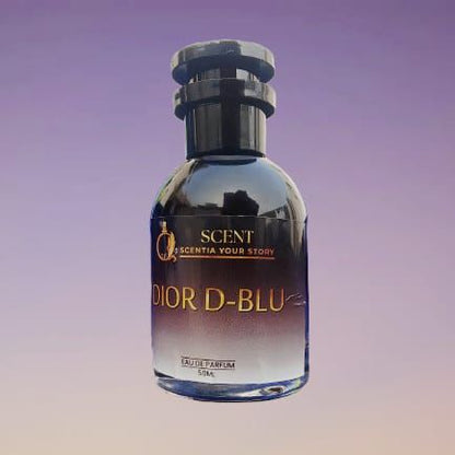 Scent Dior D-Blu dark glass bottle with gold label on purple background