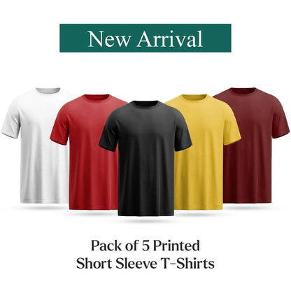 Pack of 5 plain short sleeve round neck t-shirts in White Red Black Yellow Maroon – New Arrival banner product shot on white background