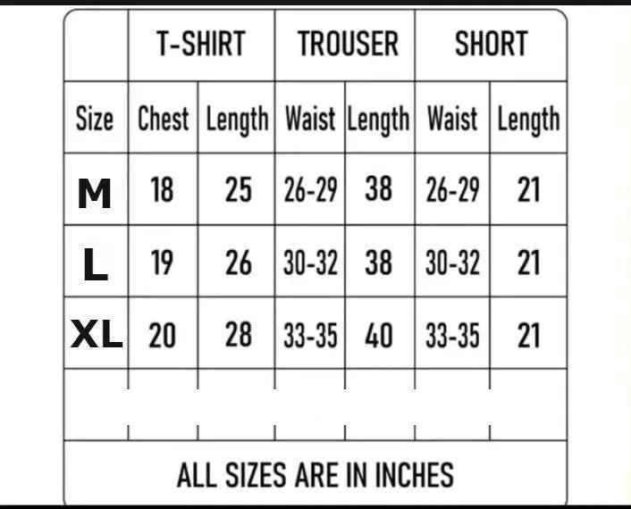 Size chart for pack of 5 t-shirts showing M L XL chest and length measurements in inches