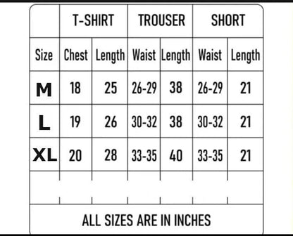 Size chart for pack of 5 t-shirts showing M L XL chest and length measurements in inches