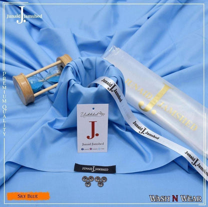 Junaid Jamshed Sky Blue Wash N Wear unstitched suit with brand tag branded ribbon and signature buttons – premium quality flat lay product shot