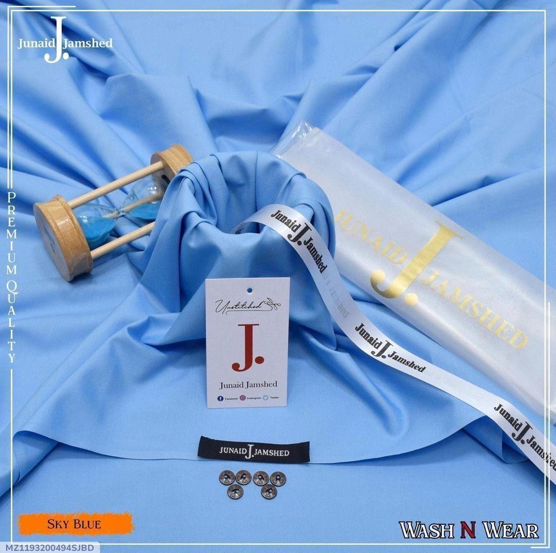 Junaid Jamshed Sky Blue Wash N Wear unstitched suit MZ1193200494SJBD with brand tag branded ribbon and signature buttons – full product shot