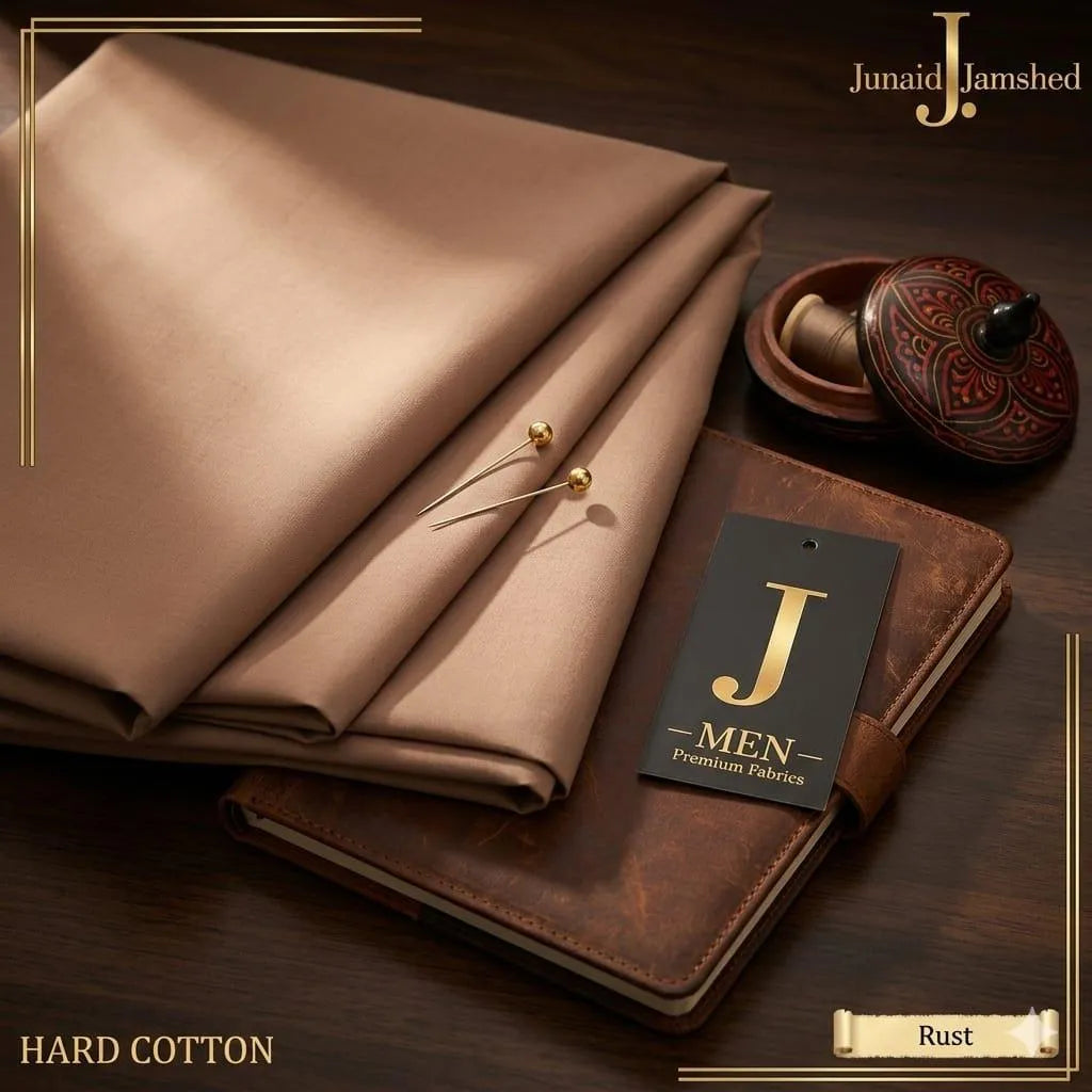 Junaid Jamshed Hard Cotton unstitched fabric in Copper color rolled with branded ribbon buttons and J. Men premium fabrics tag