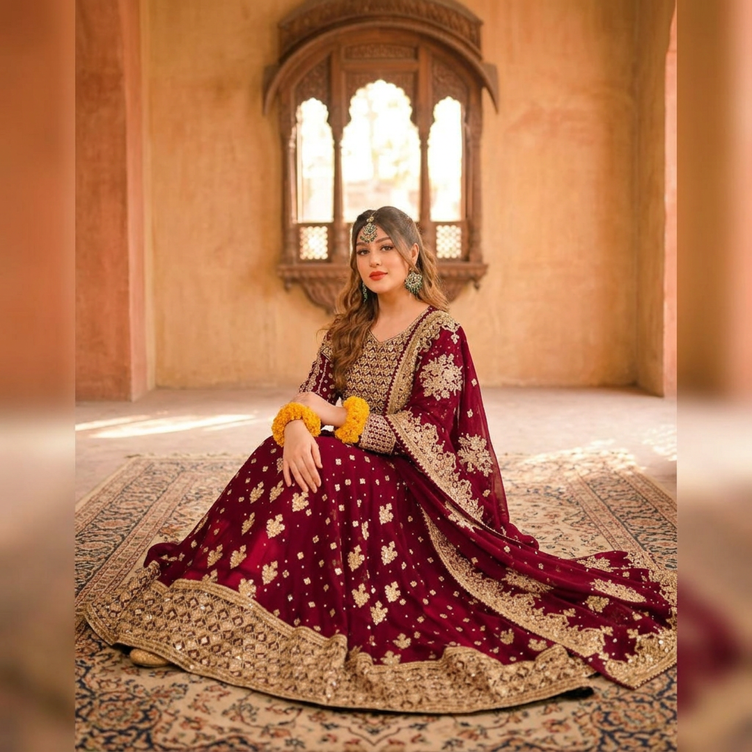 Maroon Heavy Embroidered Chiffon Bridal Maxi – Model Sitting View