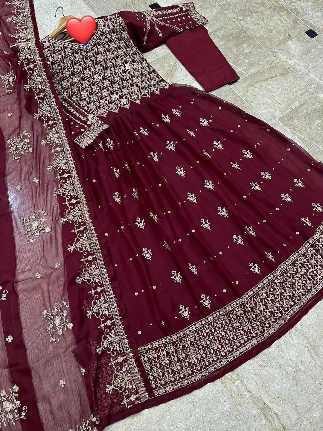 Maroon Heavy Embroidered Chiffon Maxi 3PC – Fabric Flat Lay with Dupatta & Trouser