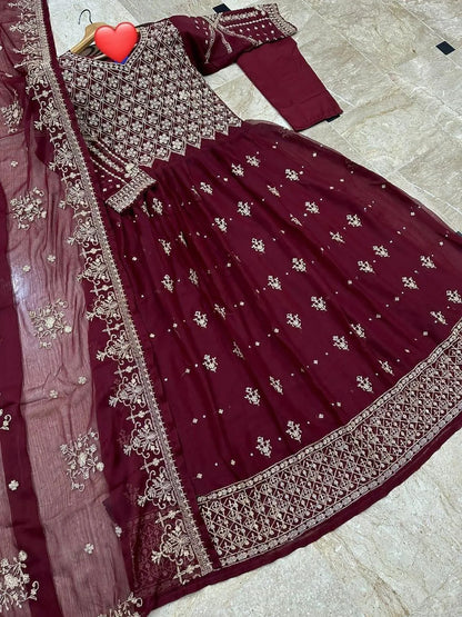 Maroon Heavy Embroidered Chiffon Maxi 3PC – Fabric Flat Lay with Dupatta & Trouser