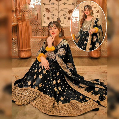 Navy Blue Heavy Embroidered Chiffon Bridal Maxi 3PC Set – Eid & Wedding Collection 2026